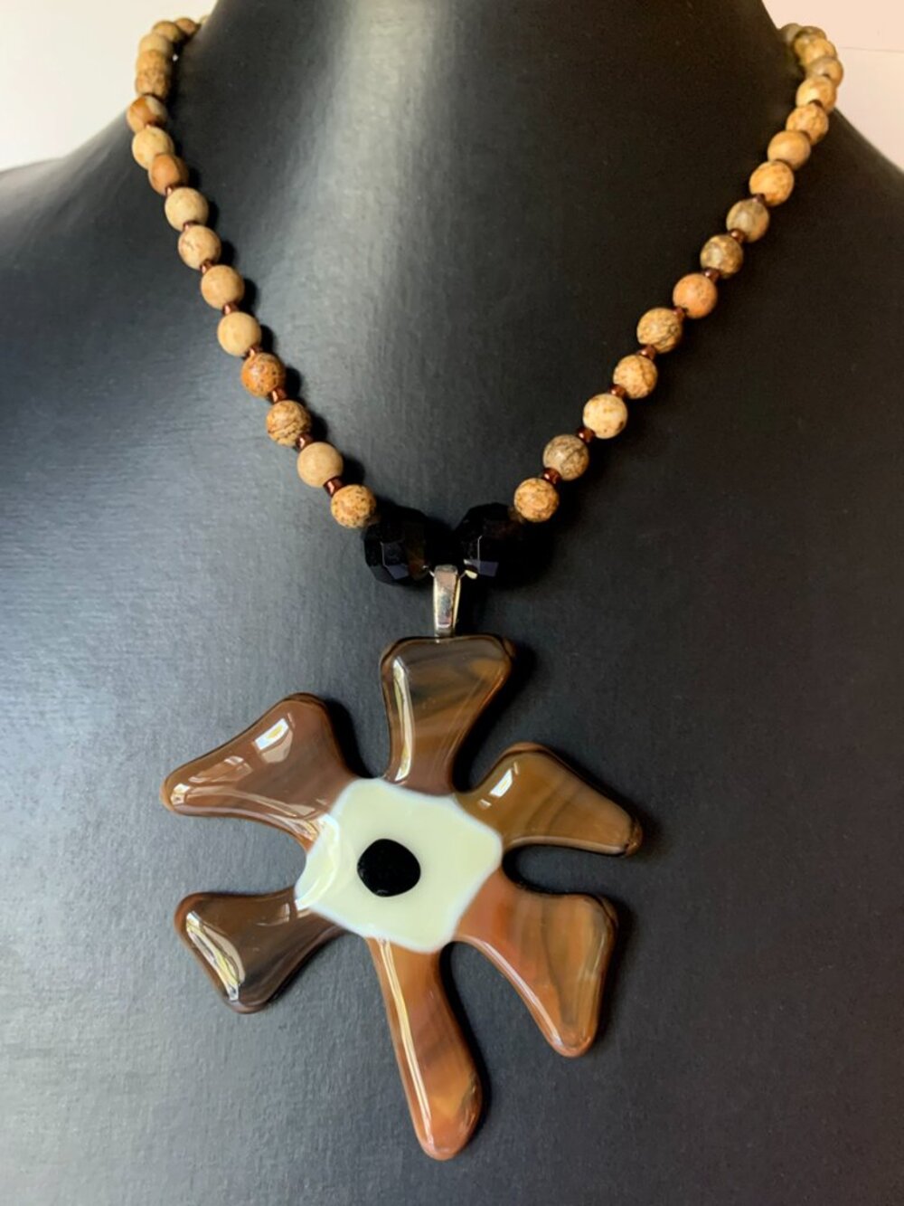 Handmade Fused Glass Flower Pendant Statement Necklace Beaded Strand Artisan